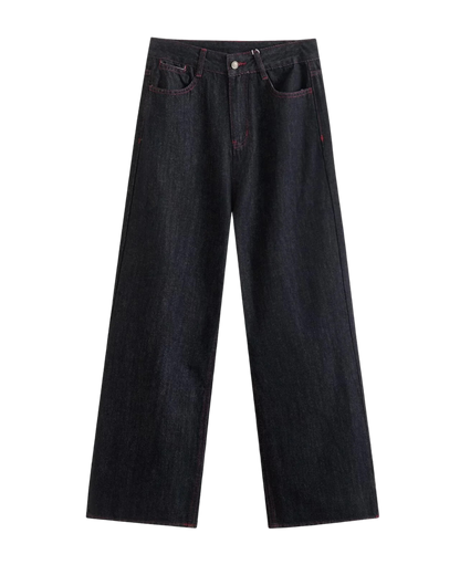 Edge Contrast-Stitch Wide-Leg Jeans - Black
