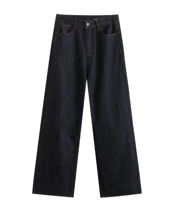 Edge Contrast-Stitch Wide-Leg Jeans - Black