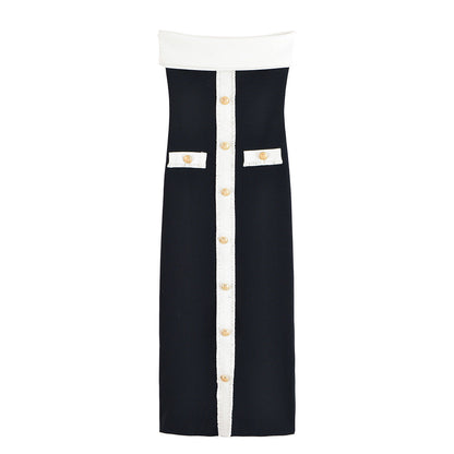 Vintage Contrast Button Dress - Black