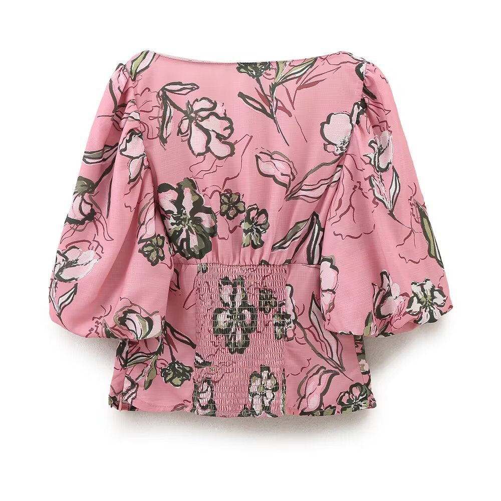 Vintage Floral Puff Top - Pink