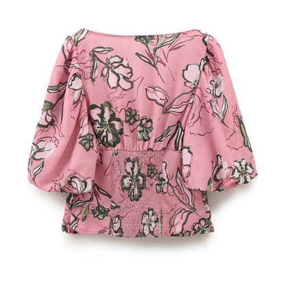 Vintage Floral Puff Top - Pink