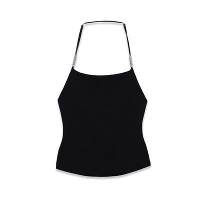 Studio Rhinestone Strap Halter Top - Black