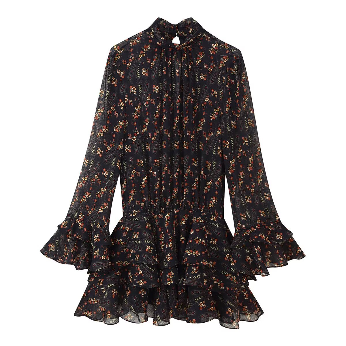 Vintage Floral ruffle Dress - Black