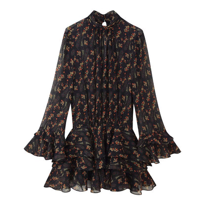 Vintage Floral ruffle Dress - Black