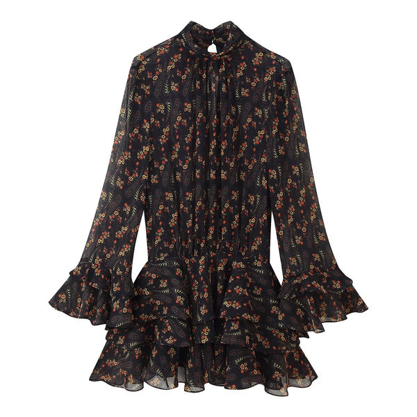 Vintage Floral ruffle Dress - Black