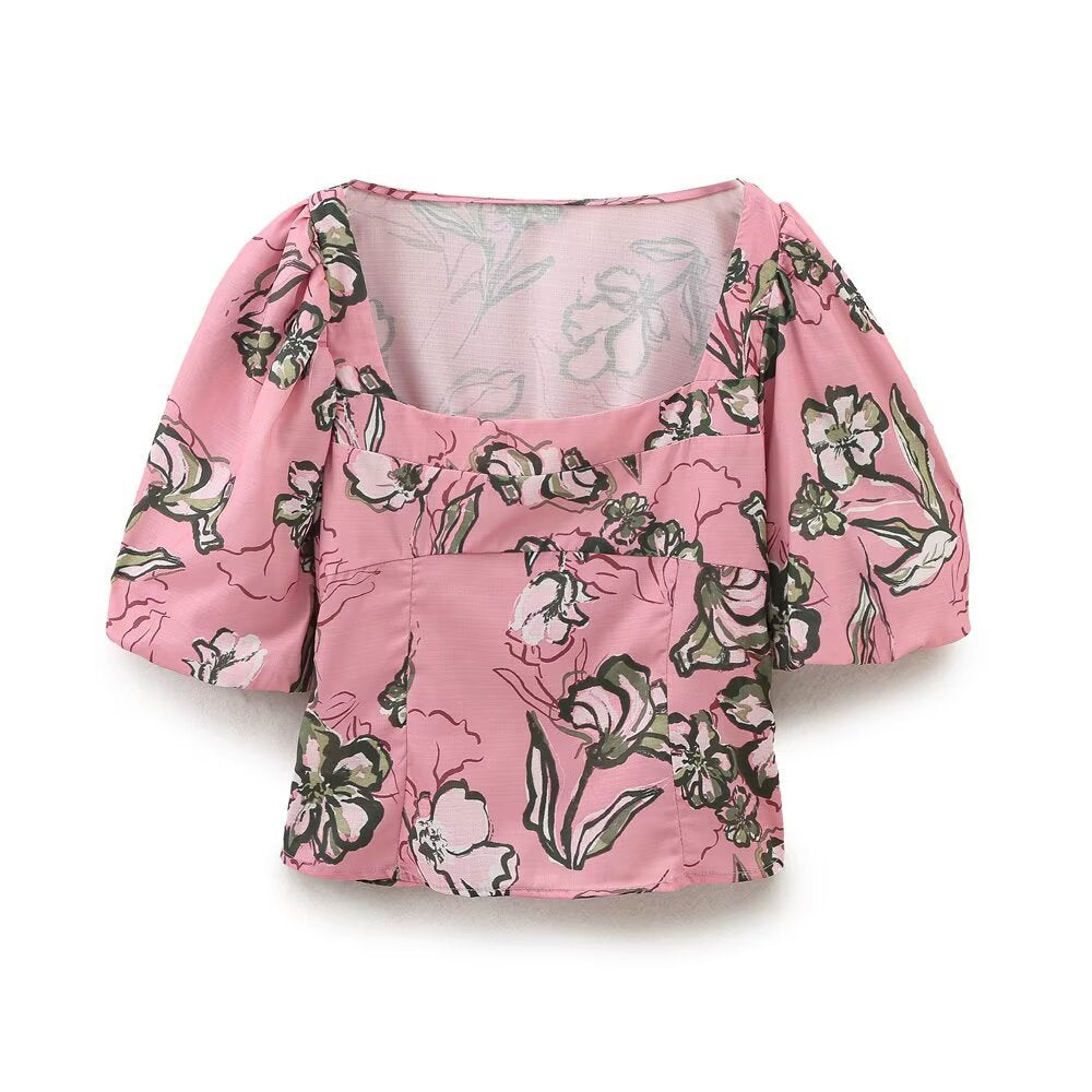 Vintage Floral Puff Top - Pink
