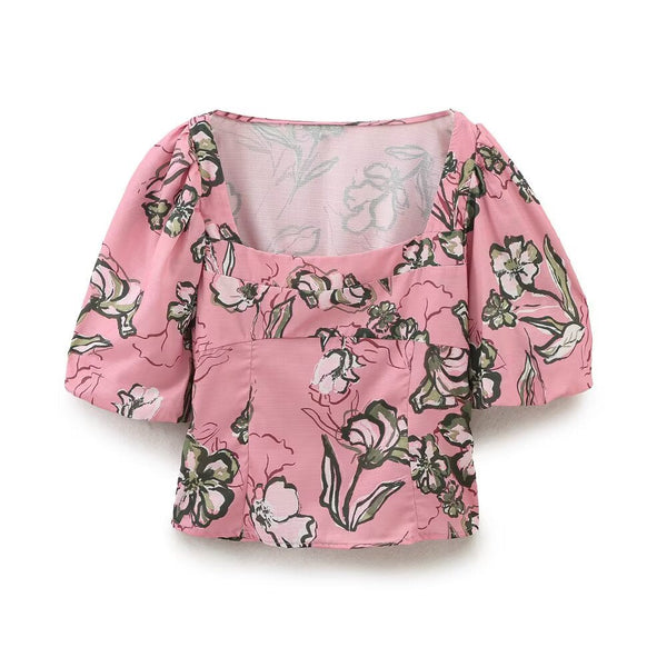 Vintage Floral Puff Top - Pink