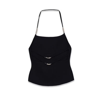 Studio Rhinestone Strap Halter Top - Black