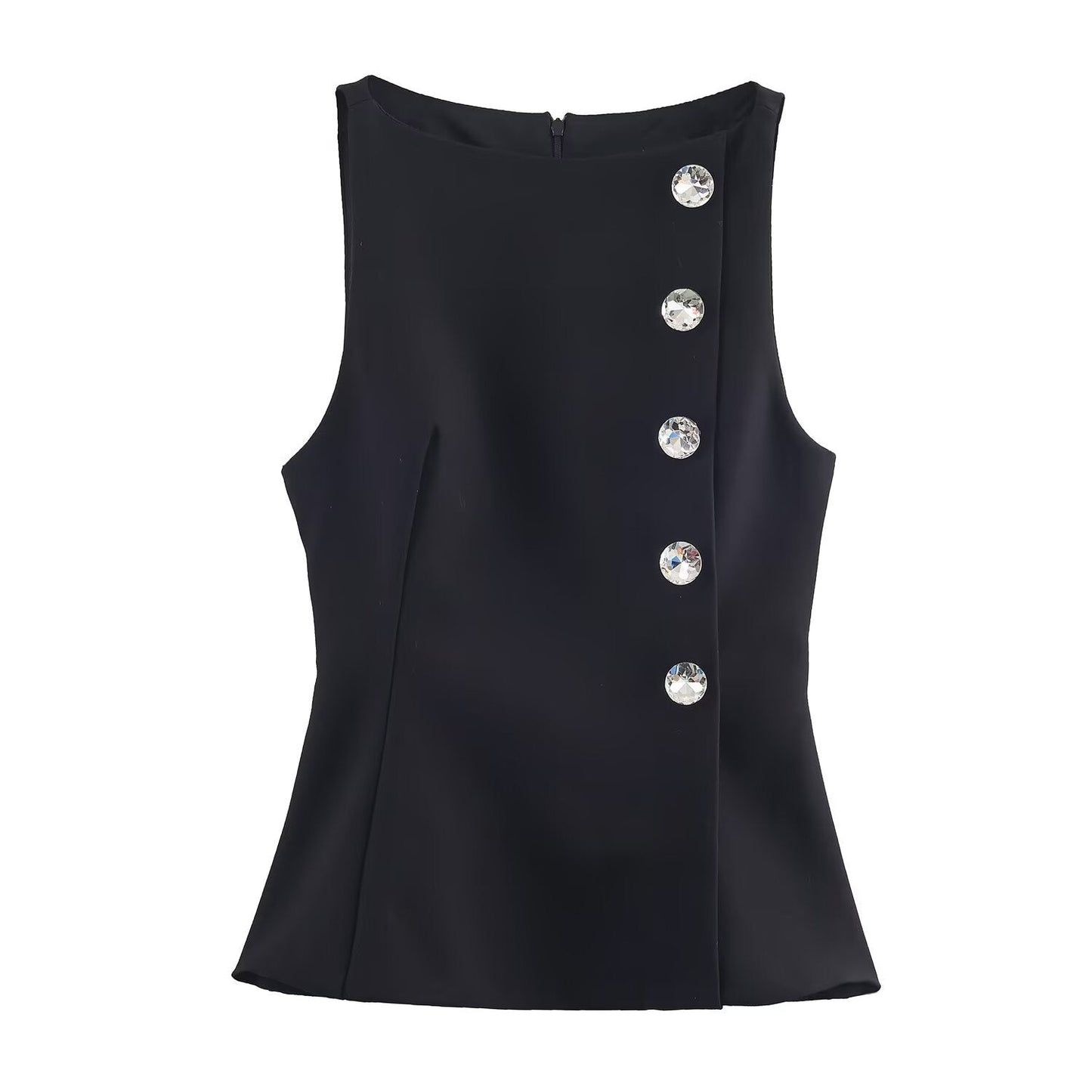 Edge Rhinestone Button Top - Black