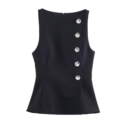 Edge Rhinestone Button Top - Black