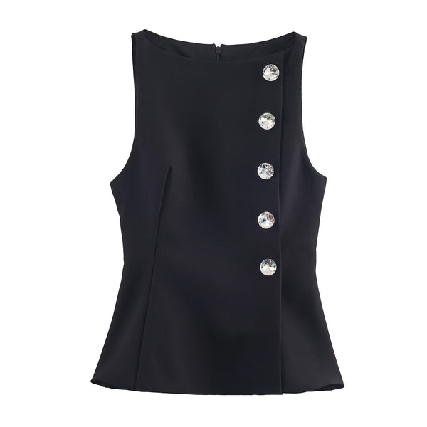 Edge Rhinestone Button Top - Black